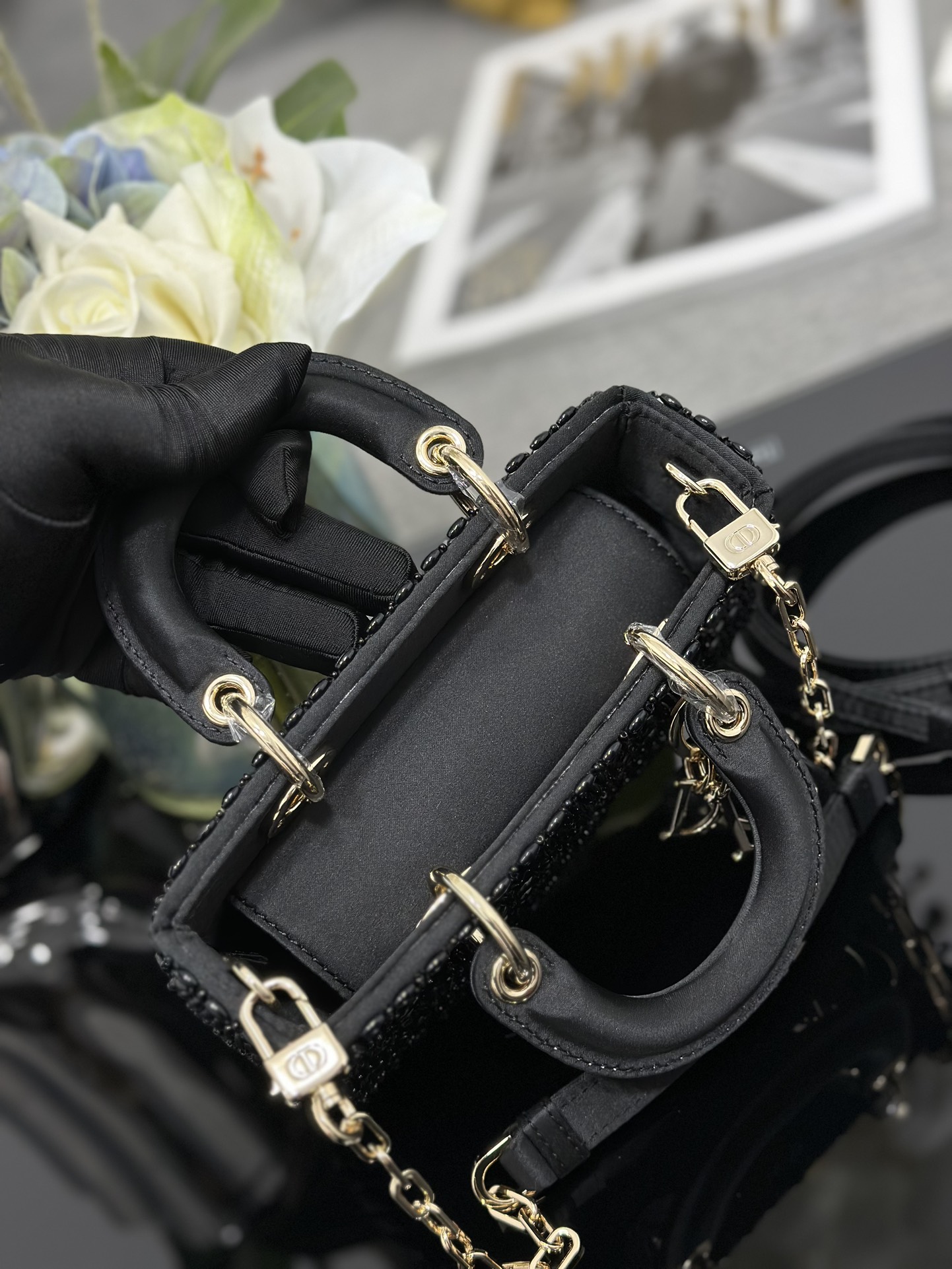 Micro Lady D-Joy Bag Black Satin Embroidered with Black Bead